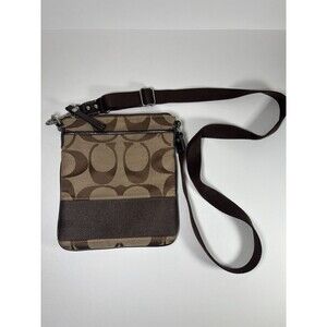 Coach Messenger Crossbody Bag Canvas Colorblock Brown Tan Signature 7" X 8.5"